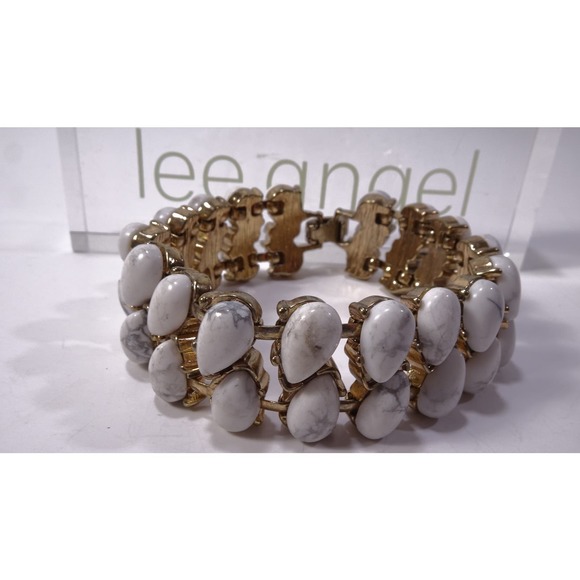 Neiman Marcus Lee Angel Howlite Teardrop Brass Link Bracelet NWT 298 - Picture 2 of 11